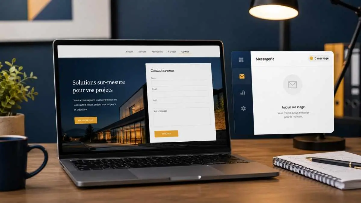Ordinateur portable affichant un formulaire de contact et un tableau de messagerie