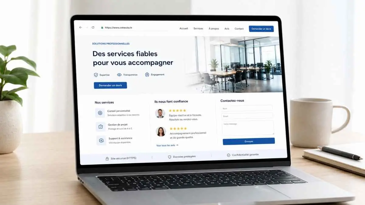 Ordinateur portable affichant un site vitrine professionnel avec services, avis et formulaire