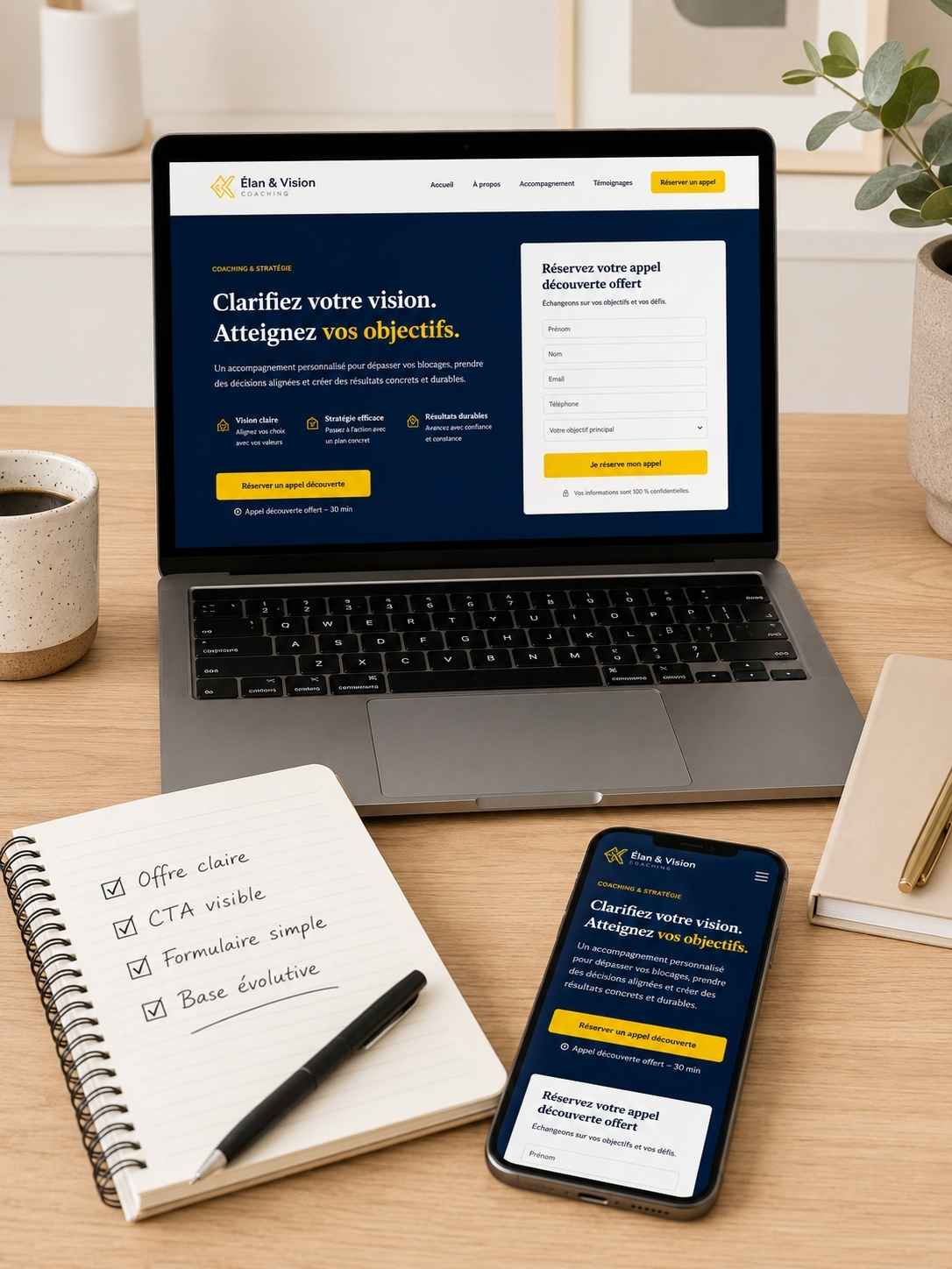 Exemple de landing page claire affichée sur ordinateur portable et smartphone