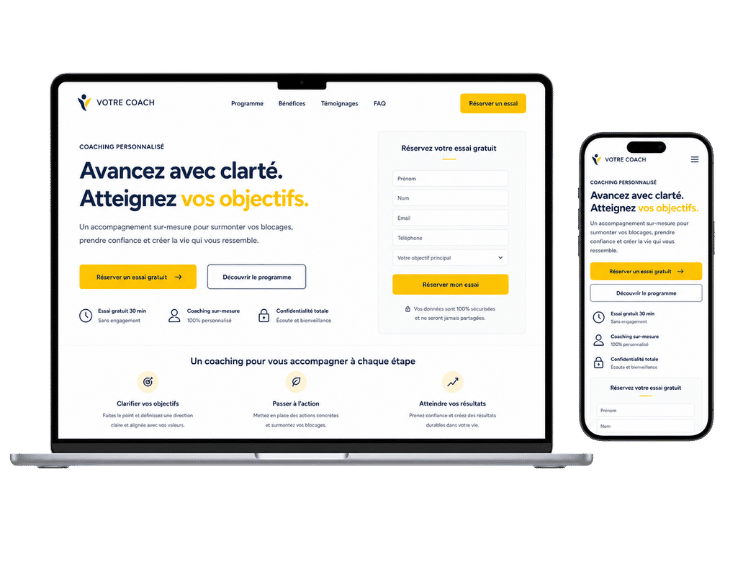 Création de landing page WordPress responsive affichée sur ordinateur portable et smartphone