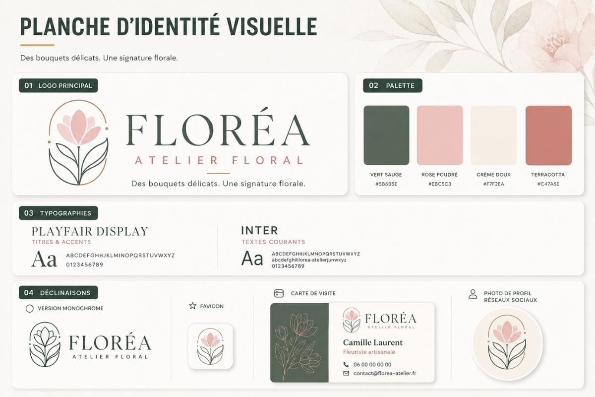 Exemple d’identité visuelle élégante pour une fleuriste et son atelier floral