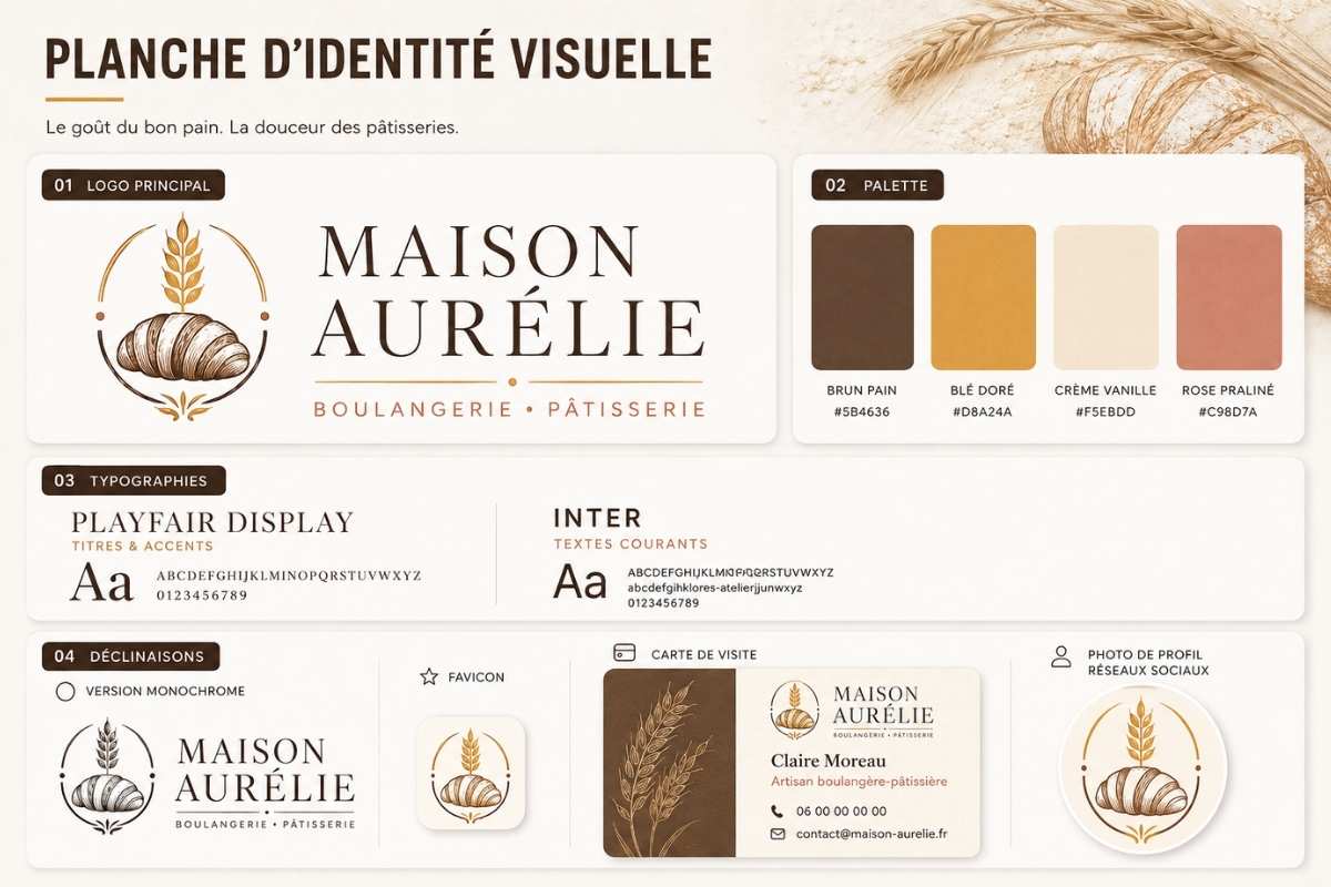 Exemple d’identité visuelle chaleureuse pour une boulangerie-pâtisserie artisanale
