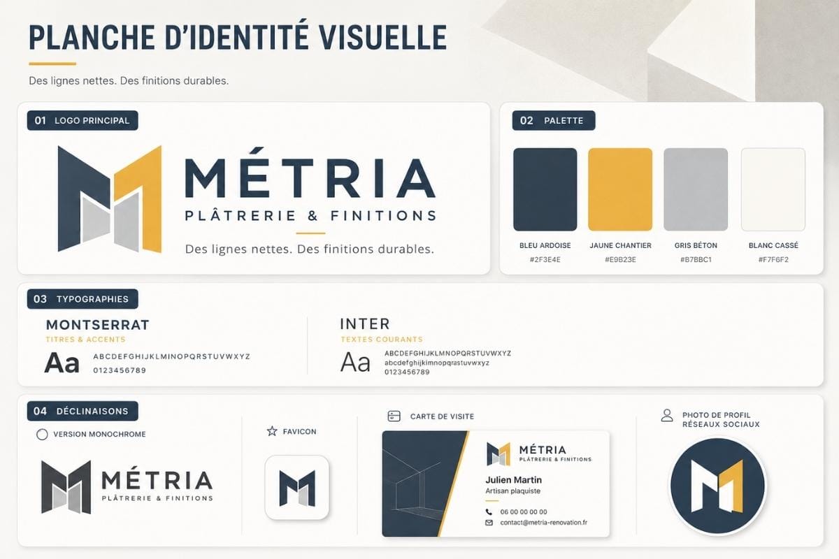 Exemple d’identité visuelle professionnelle pour une entreprise de plâtrerie et finitions