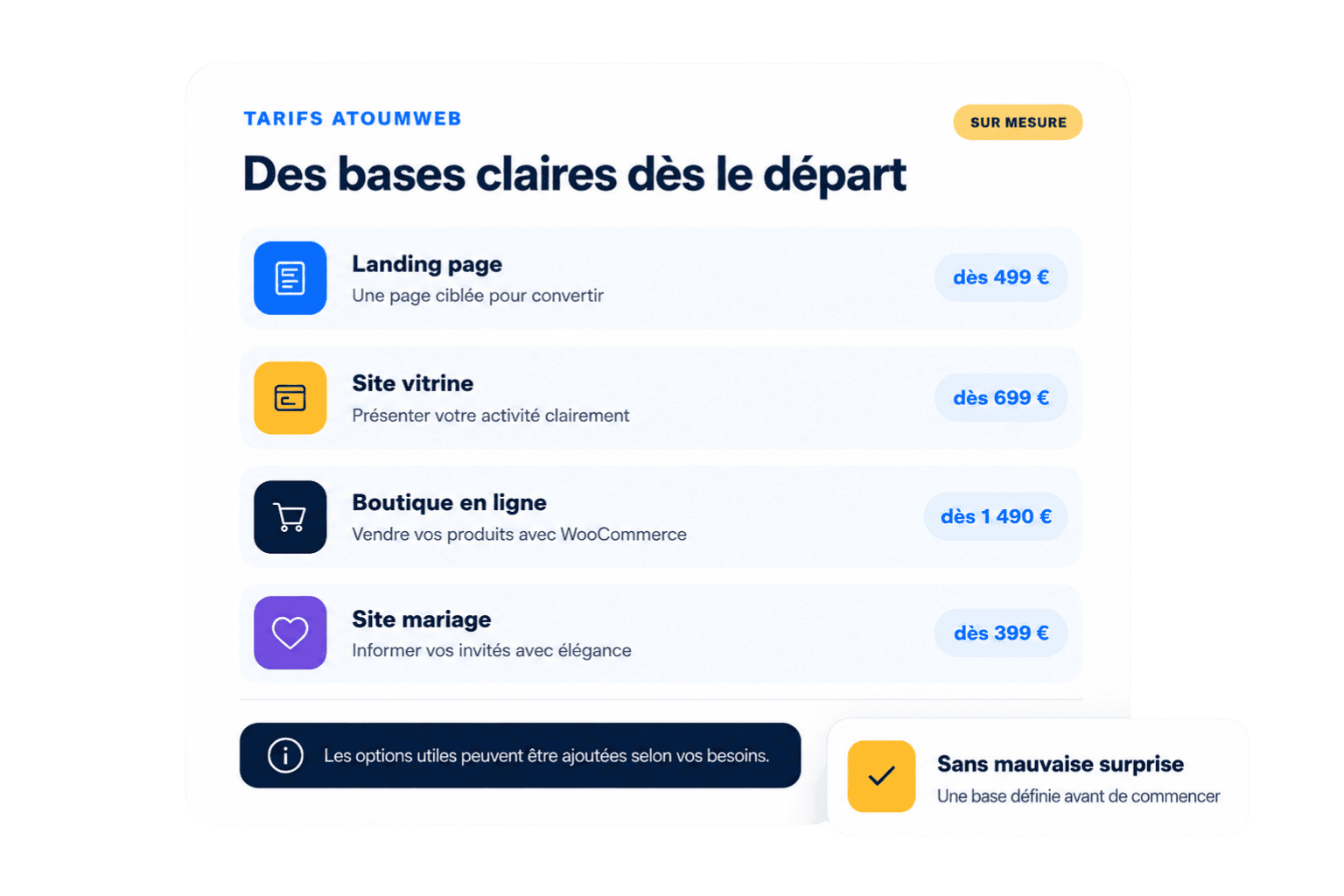 Tarifs création site internet AtoumWeb : landing page, site vitrine, boutique en ligne et site mariage