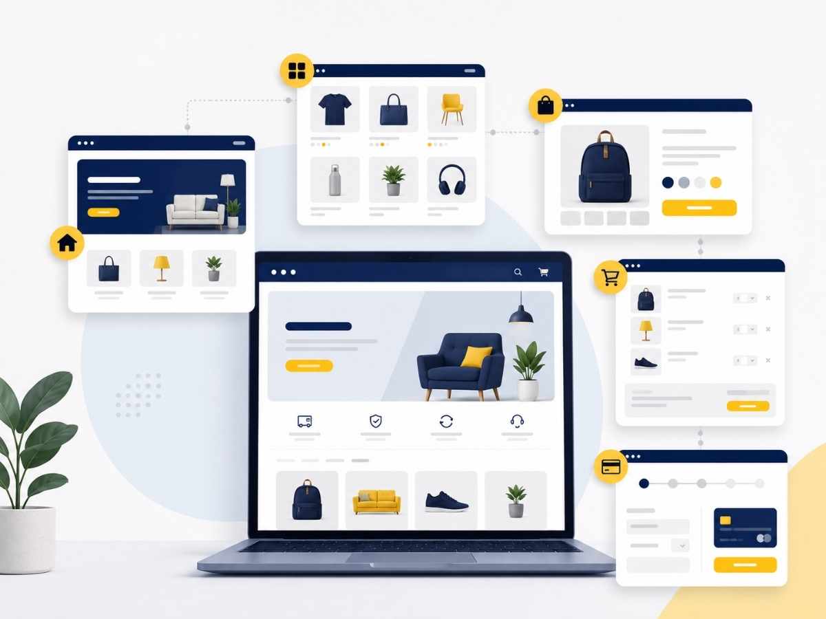 Pages boutique e-commerce avec accueil, catalogue, fiches produits, panier et commande